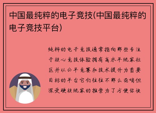 中国最纯粹的电子竞技(中国最纯粹的电子竞技平台)